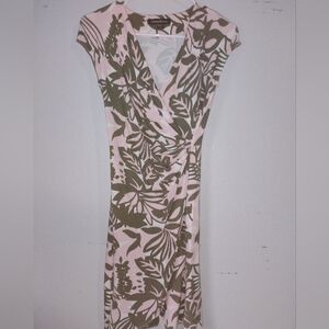 Tommy Bahama Pink and Olive Leaf-Print Wrap Midi Dress